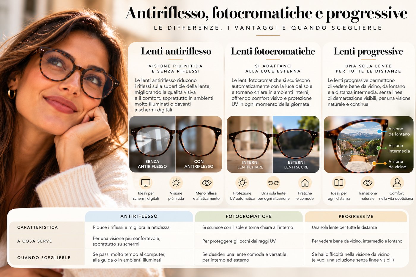 Confronto tra lenti antiriflesso, fotocromatiche e progressive: cosa fanno, a cosa servono e quando sceglierle