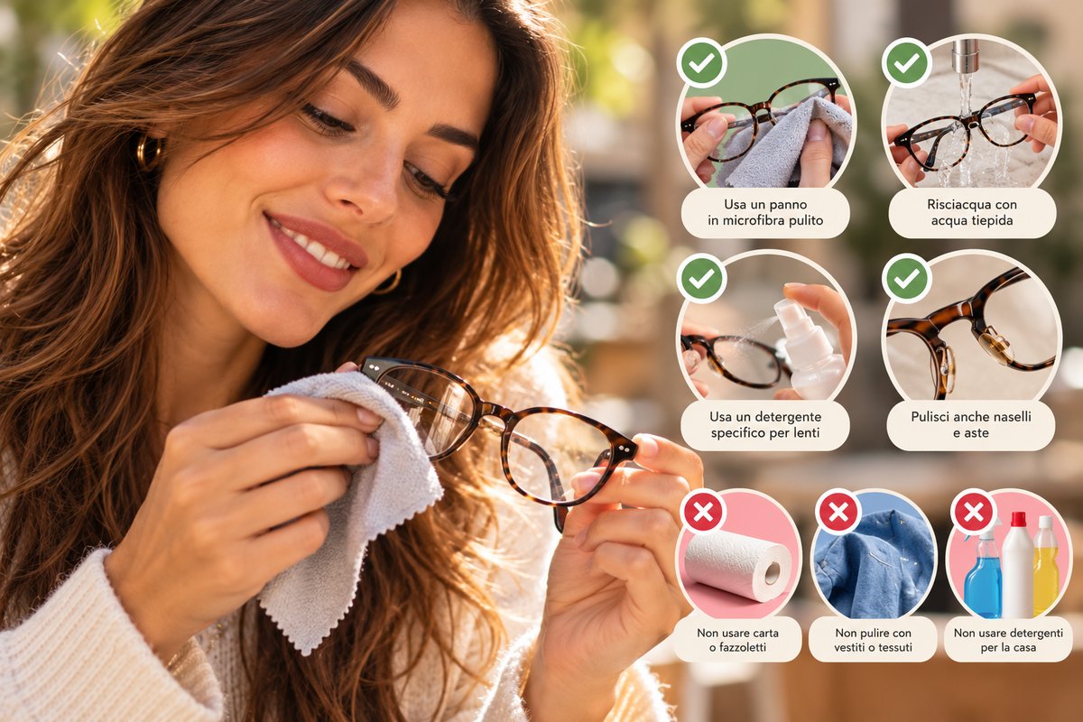 Come pulire gli occhiali: cosa fare (panno in microfibra, acqua tiepida, detergente per lenti, pulire naselli e aste) e cosa evitare (carta, vestiti, detergenti per la casa)